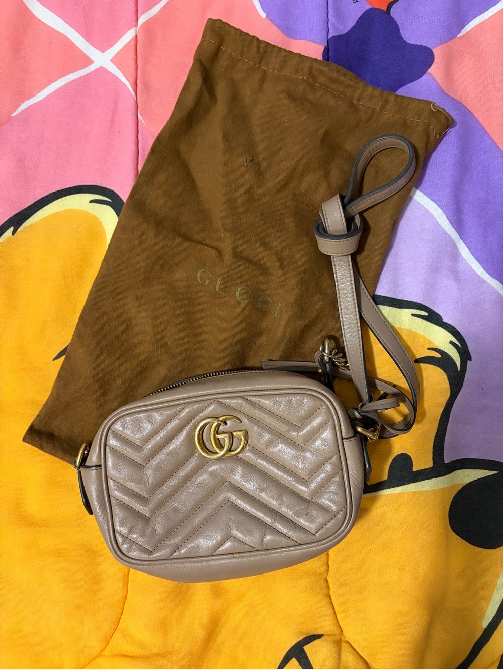 Gucci Beige Quilted Marmont Crossbody Bag with Gold GG